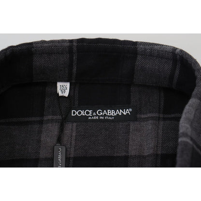 Dolce & Gabbana Black Gray Check Men Long Sleeves Shirt Dolce & Gabbana