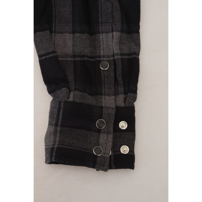 Dolce & Gabbana Black Gray Check Men Long Sleeves Shirt Dolce & Gabbana