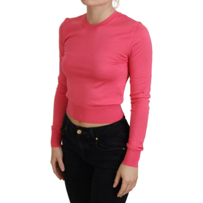 Dolce & Gabbana Pink Silk Cropped Crewneck Pullover Sweater Dolce & Gabbana