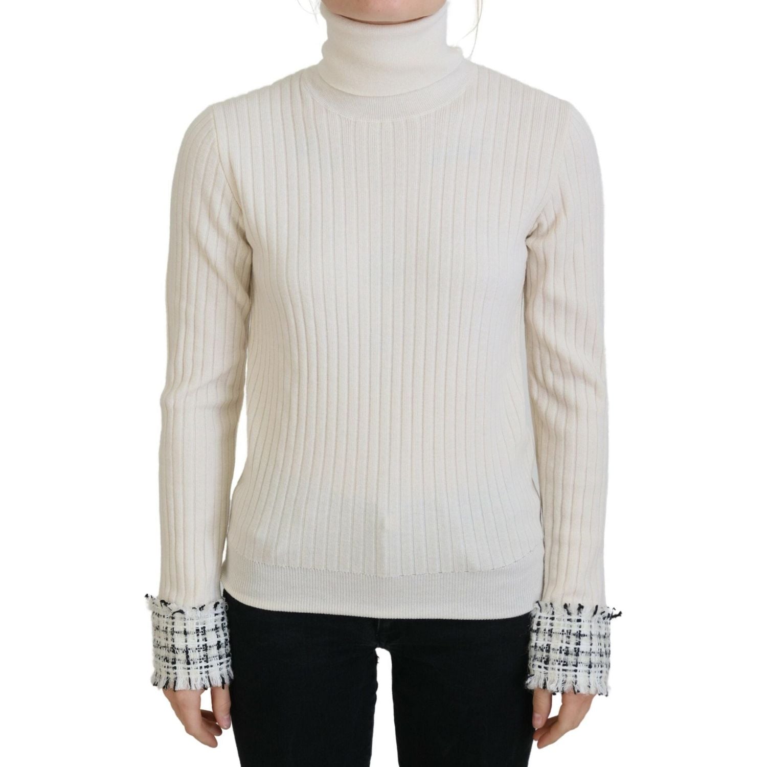 Dolce & Gabbana Ivory Turtleneck Distressed Cuff Pullover Sweater