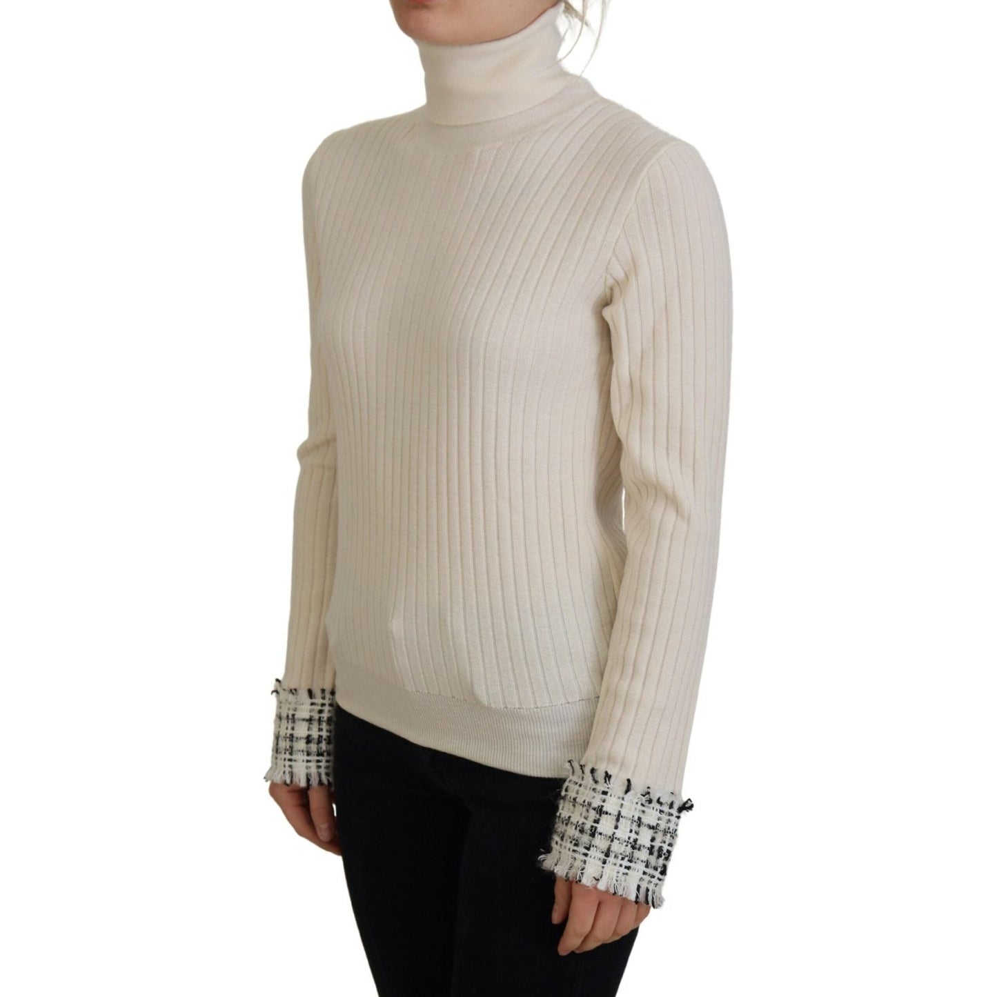Dolce & Gabbana Ivory Turtleneck Distressed Cuff Pullover Sweater Dolce & Gabbana