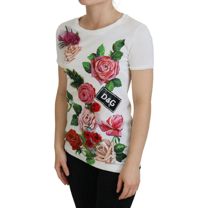 Dolce & Gabbana White Rose DGLogo Printed Short Sleeves Top Dolce & Gabbana