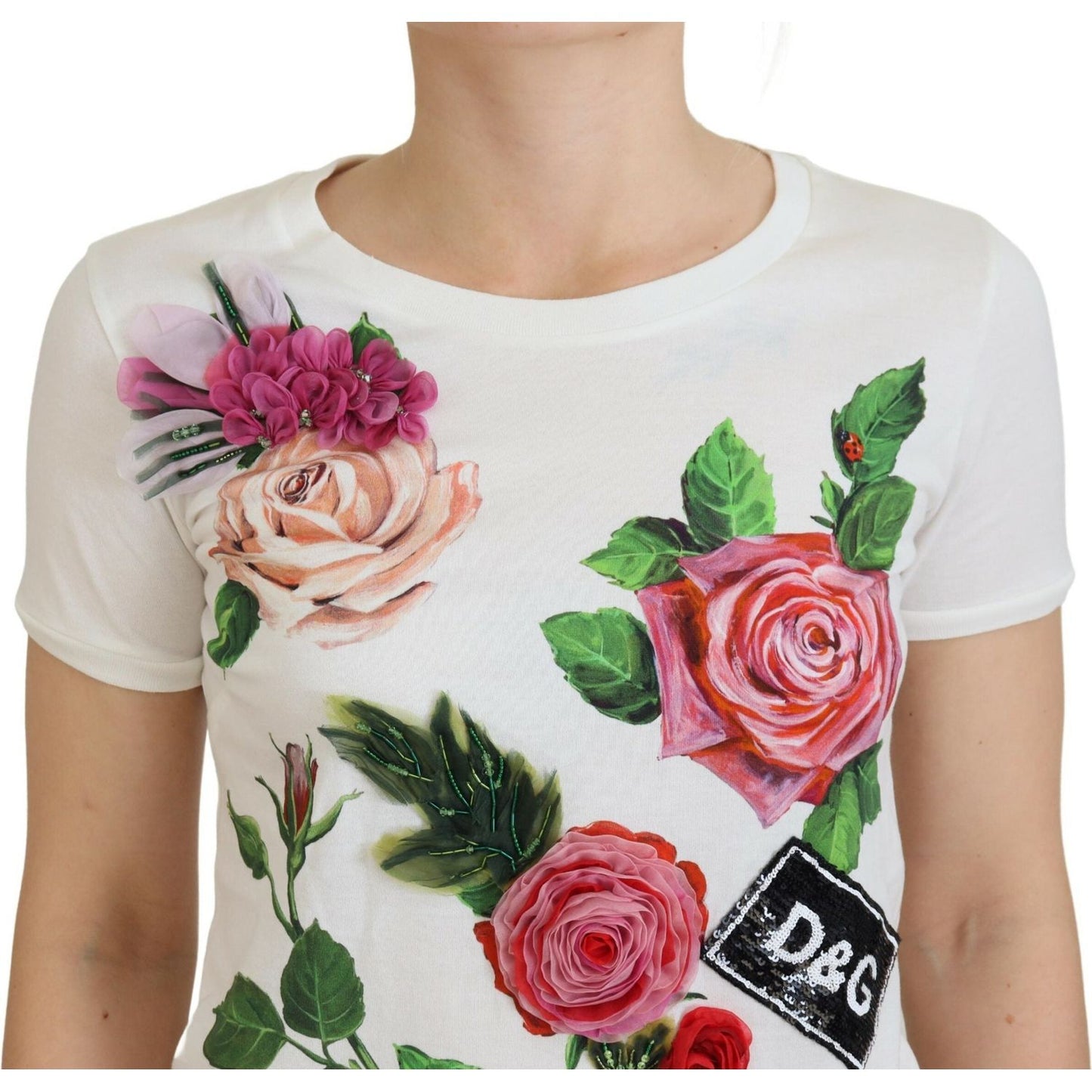 Dolce & Gabbana White Rose DGLogo Printed Short Sleeves Top Dolce & Gabbana