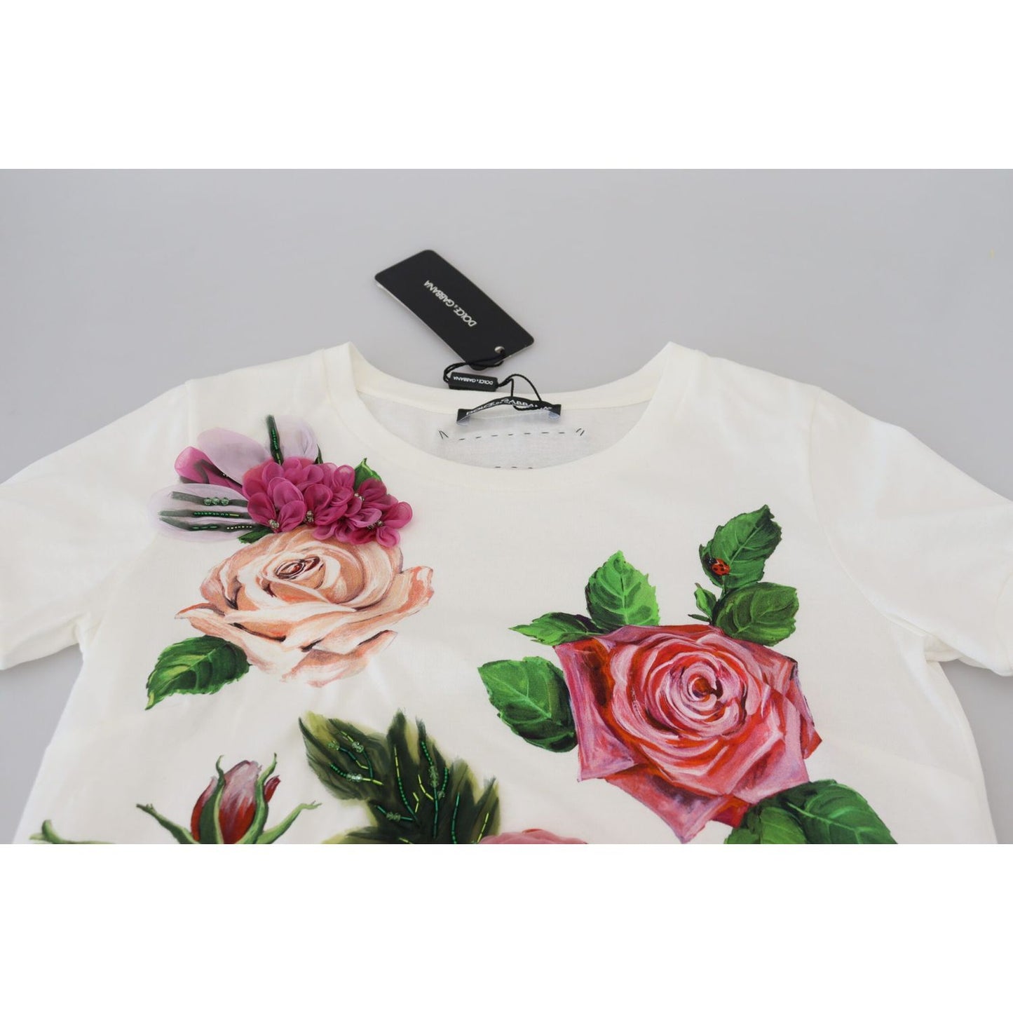 Dolce & Gabbana White Rose DGLogo Printed Short Sleeves Top Dolce & Gabbana