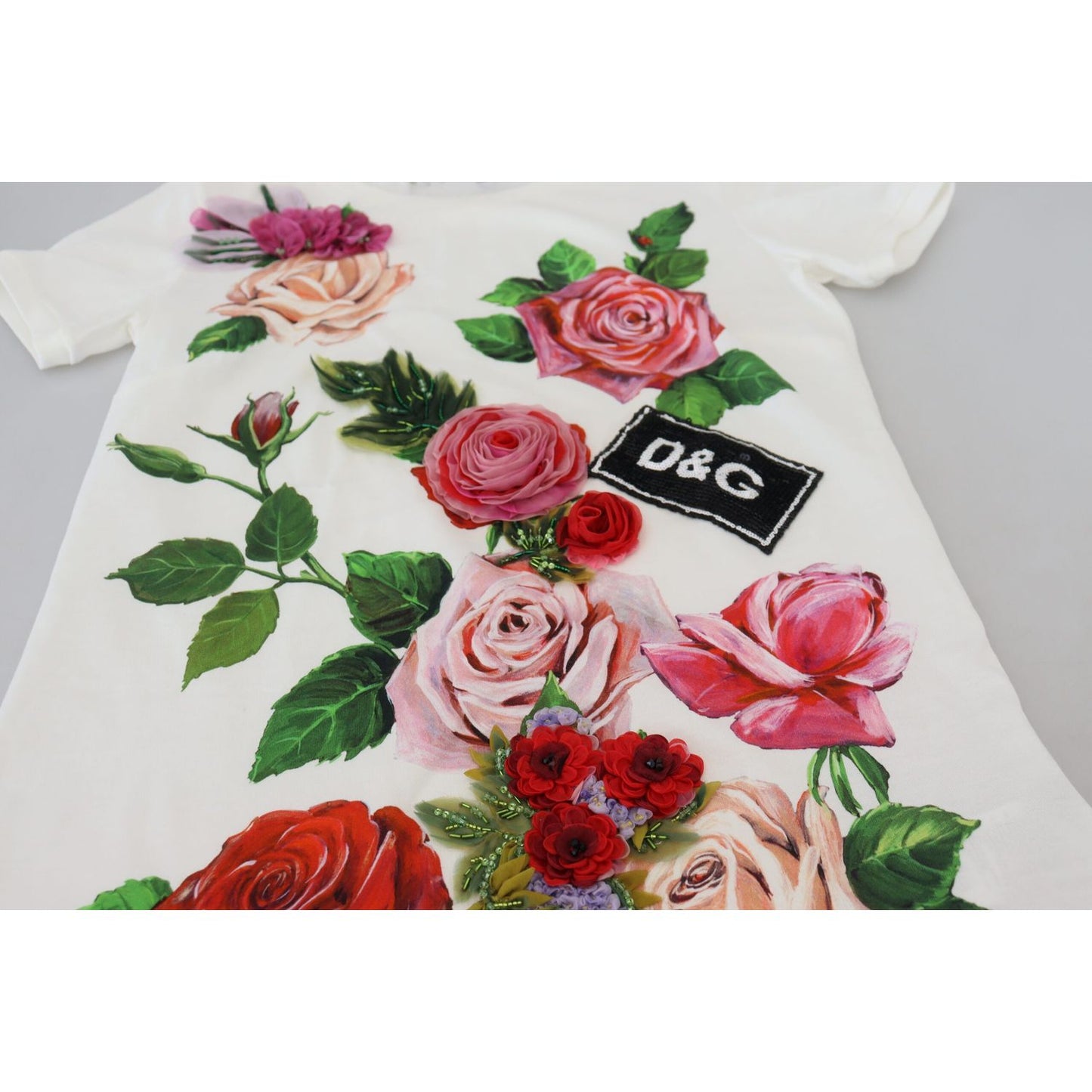 Dolce & Gabbana White Rose DGLogo Printed Short Sleeves Top Dolce & Gabbana