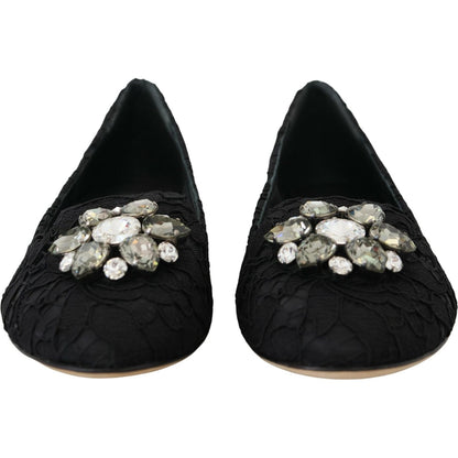Dolce & Gabbana Black Taormina Lace Crystals Flats Shoes Dolce & Gabbana