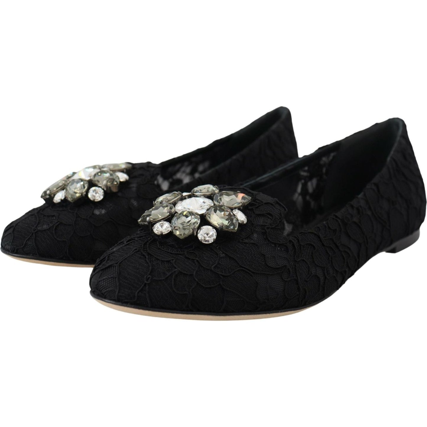 Dolce & Gabbana Black Taormina Lace Crystals Flats Shoes Dolce & Gabbana