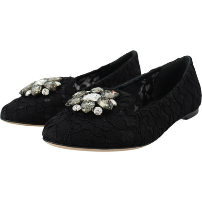 Dolce & Gabbana Black Taormina Lace Crystals Flats Shoes Dolce & Gabbana