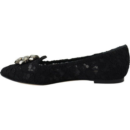 Dolce & Gabbana Black Taormina Lace Crystals Flats Shoes Dolce & Gabbana