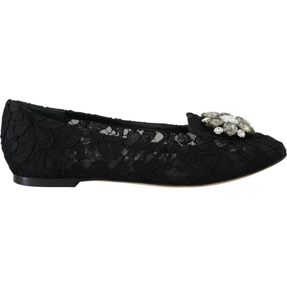 Dolce & Gabbana Black Taormina Lace Crystals Flats Shoes Dolce & Gabbana