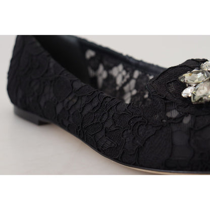 Dolce & Gabbana Black Taormina Lace Crystals Flats Shoes Dolce & Gabbana