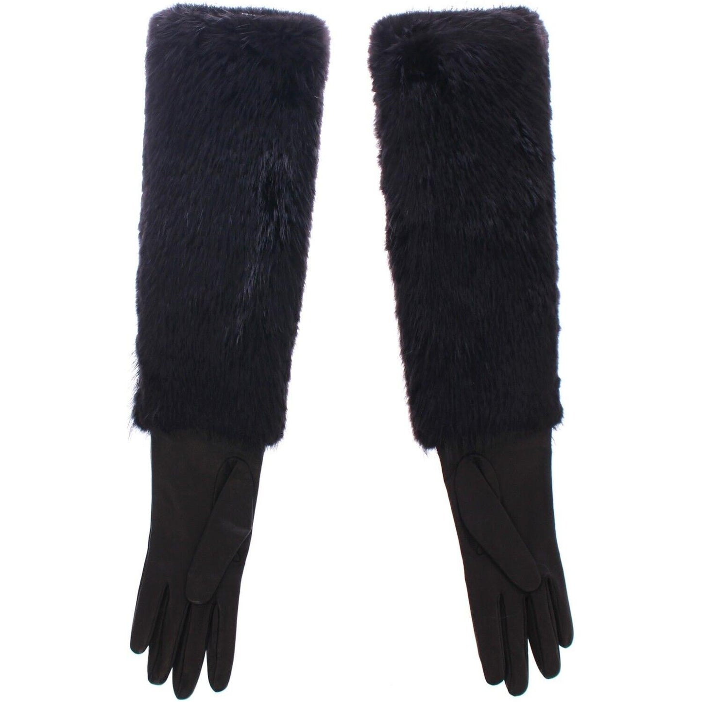 Dolce & Gabbana Black Beaver Fur Lambskin Leather Elbow Gloves Dolce & Gabbana