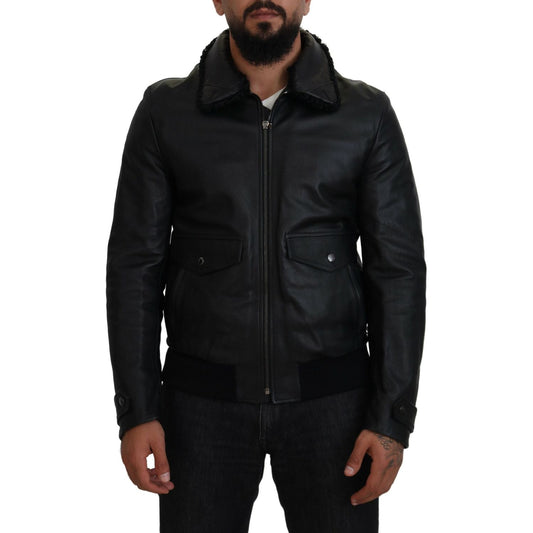 Dolce & Gabbana Black Lamb Leather Collared Men Coat Jacket Dolce & Gabbana