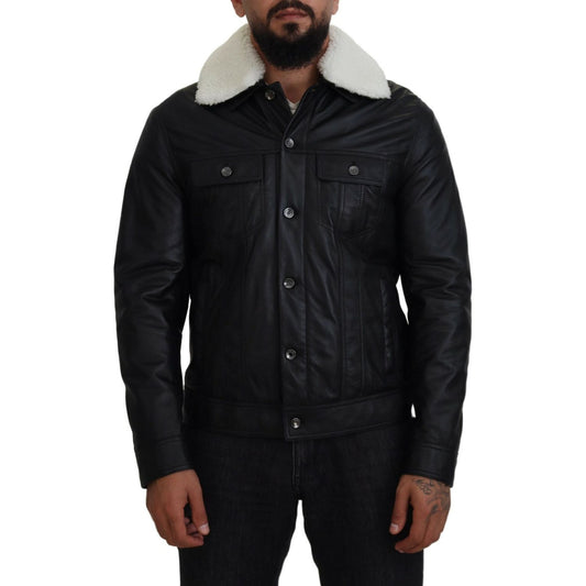 Dolce & Gabbana Black Lamb Leather Collared Men Coat Jacket Dolce & Gabbana