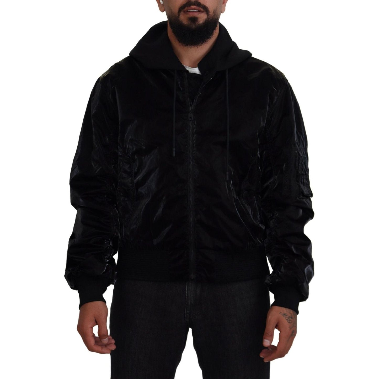 Dolce & Gabbana Black Nylon Hooded Full Zip Bomber Jacket Dolce & Gabbana