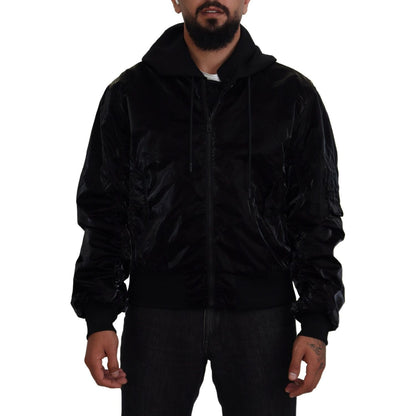 Dolce & Gabbana Black Nylon Hooded Full Zip Bomber Jacket Dolce & Gabbana