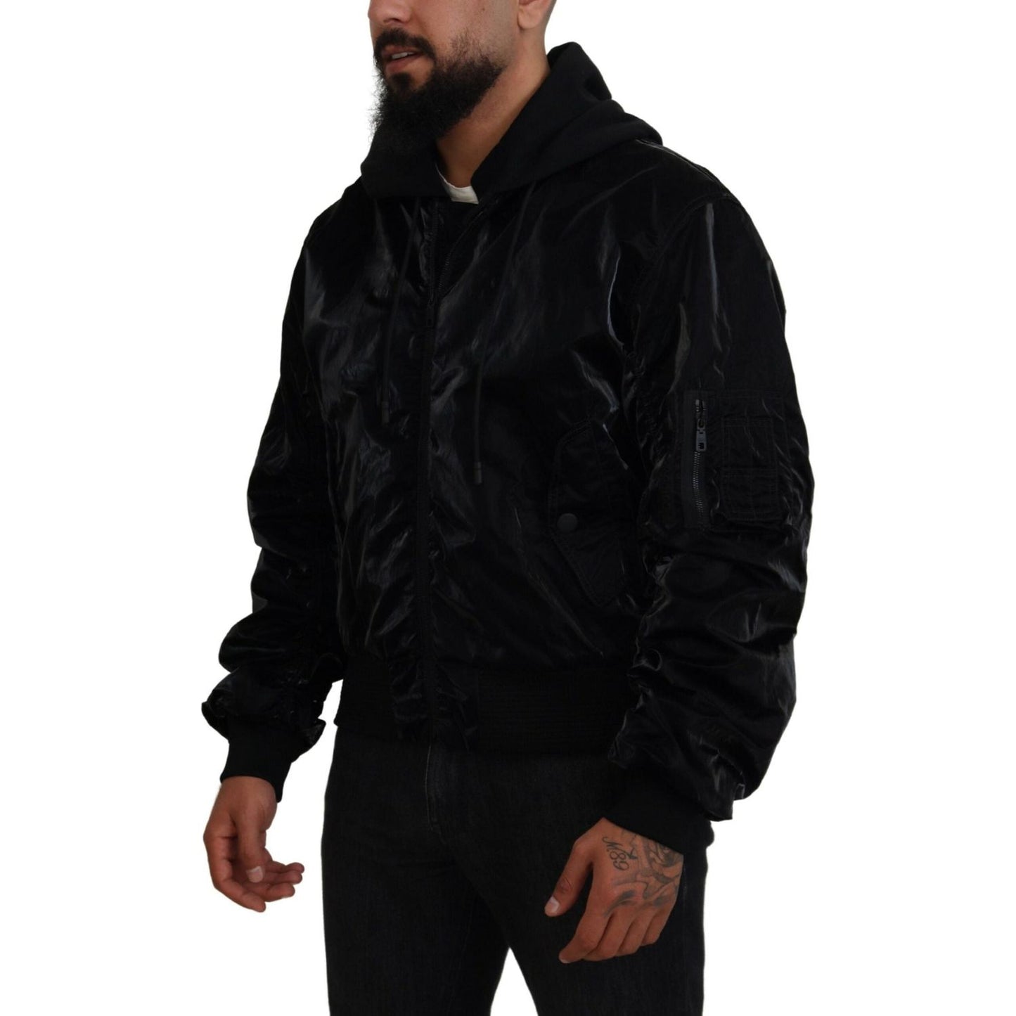 Dolce & Gabbana Black Nylon Hooded Full Zip Bomber Jacket Dolce & Gabbana