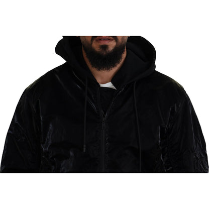 Dolce & Gabbana Black Nylon Hooded Full Zip Bomber Jacket Dolce & Gabbana