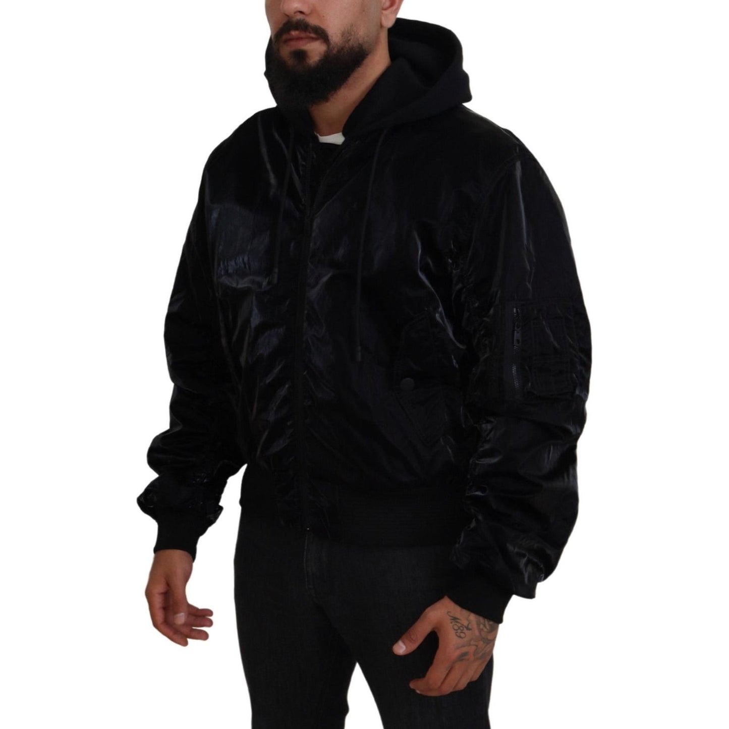 Dolce & Gabbana Black Nylon Hooded Full Zip Bomber Jacket Dolce & Gabbana