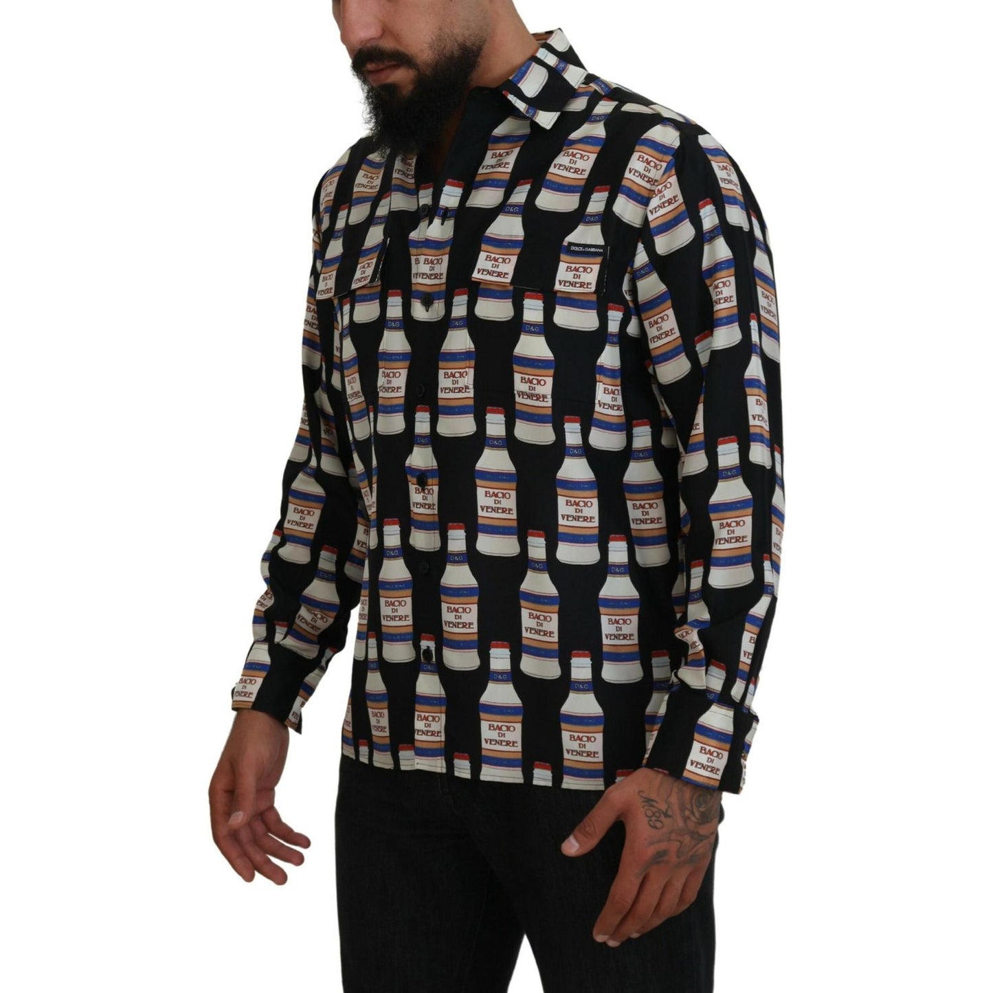 Dolce & Gabbana Black Silk Printed Collared Men Casual Shirt Dolce & Gabbana