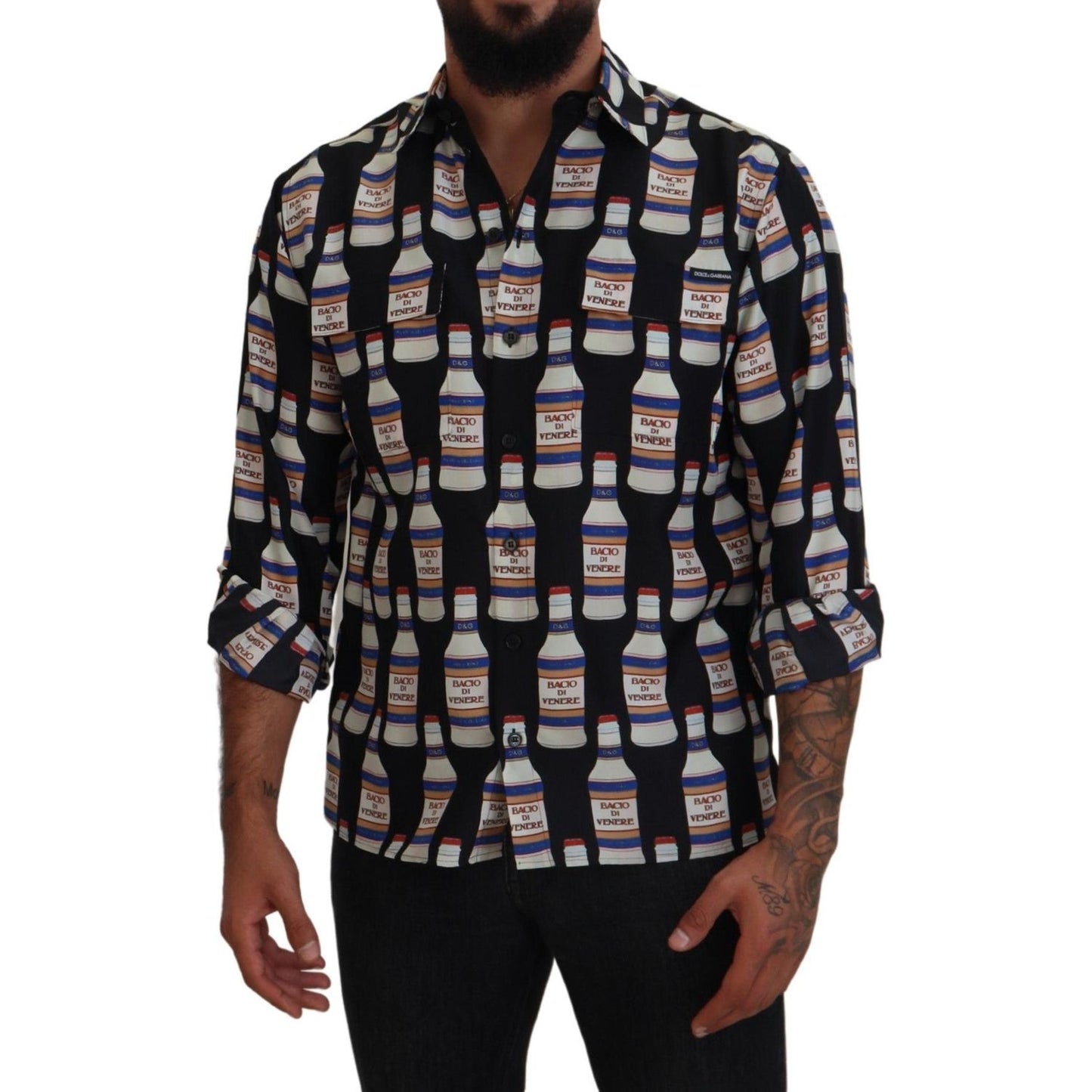 Dolce & Gabbana Black Silk Printed Collared Men Casual Shirt Dolce & Gabbana