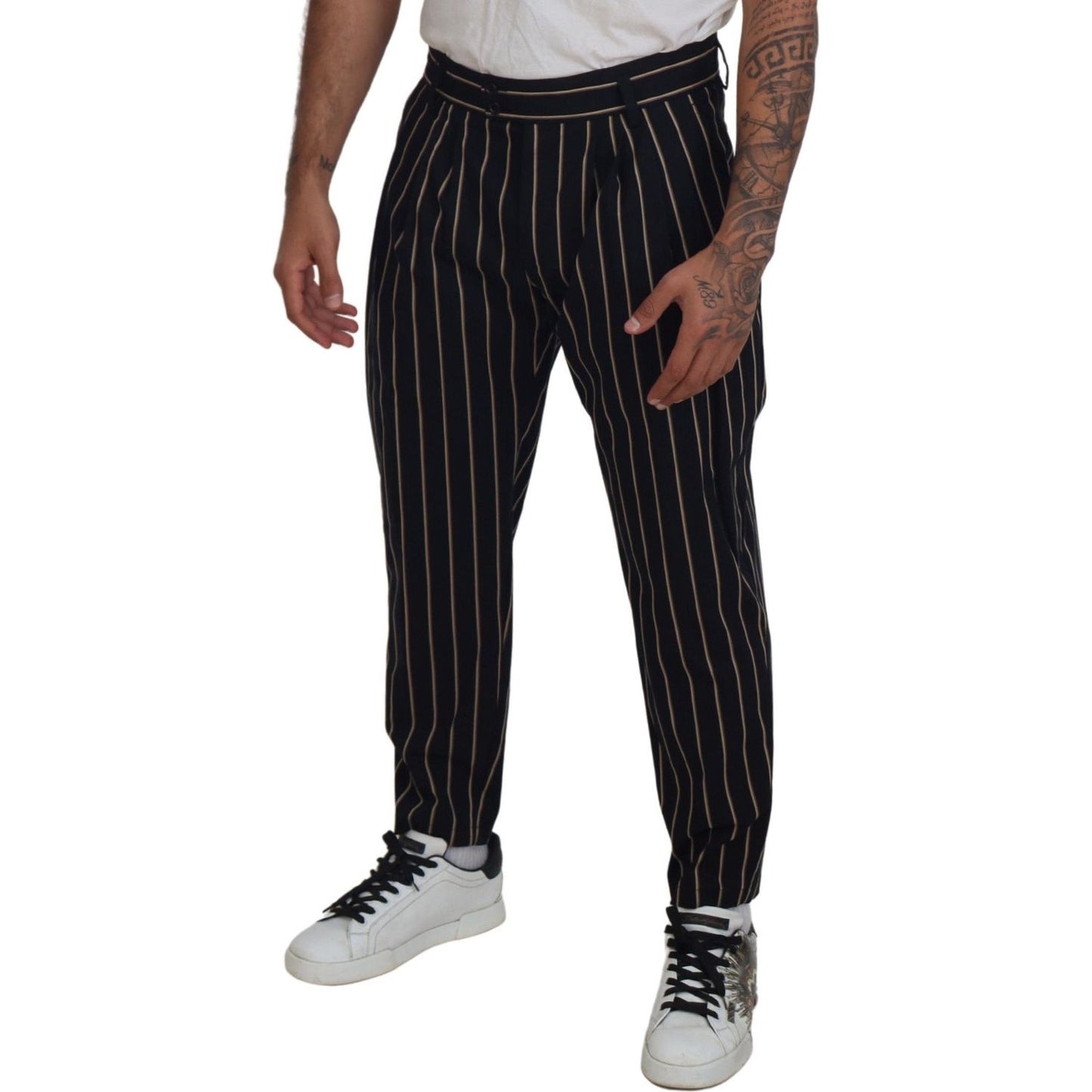 Dolce & Gabbana Black Beige Striped Cotton Stretch Pants Dolce & Gabbana