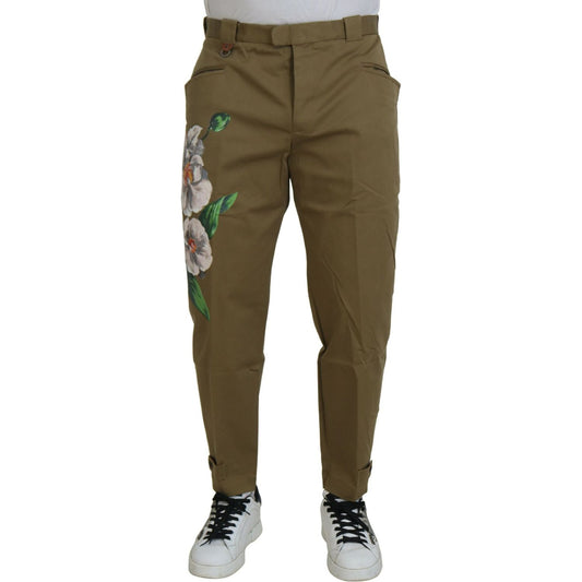 Dolce & Gabbana Beige Cotton Stretch Floral Chinos Pants Dolce & Gabbana