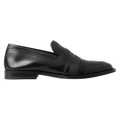 Dolce & Gabbana Black Leather Slipper Loafers Stitched Shoes Dolce & Gabbana
