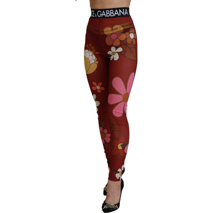 Dolce & Gabbana Red Floral Leggings Stretch Waist Pants Dolce & Gabbana