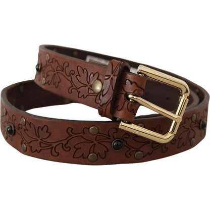 Dolce & Gabbana Brown Leather Floral Studded Metal Buckle Belt Dolce & Gabbana