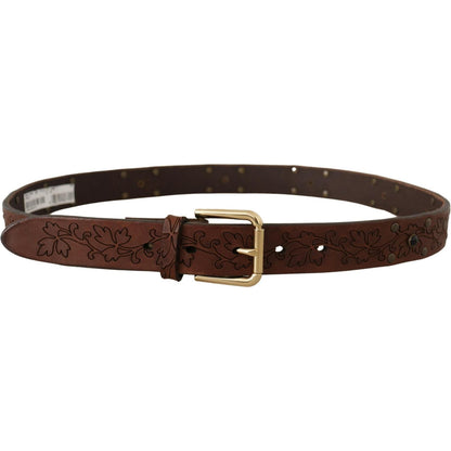 Dolce & Gabbana Brown Leather Floral Studded Metal Buckle Belt Dolce & Gabbana