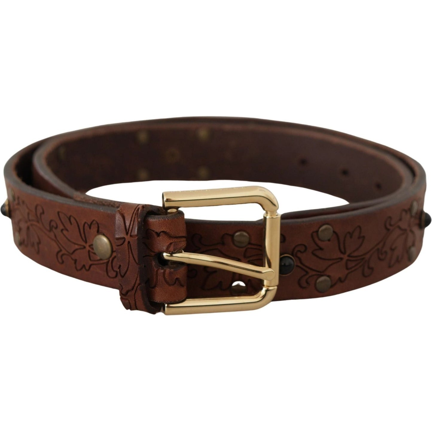 Dolce & Gabbana Brown Leather Floral Studded Metal Buckle Belt Dolce & Gabbana