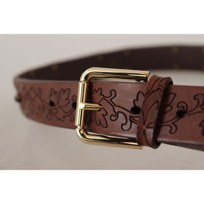 Dolce & Gabbana Brown Leather Floral Studded Metal Buckle Belt Dolce & Gabbana