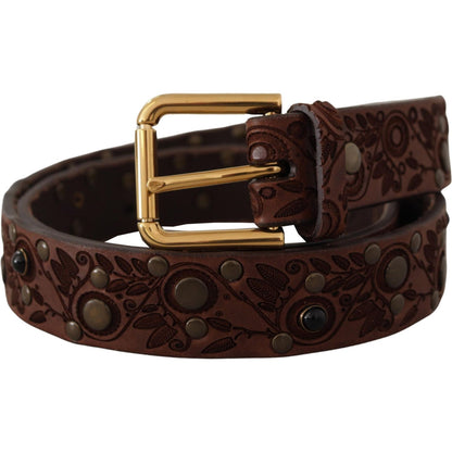Dolce & Gabbana Brown Calf Leather Embossed Gold Metal Buckle Dolce & Gabbana