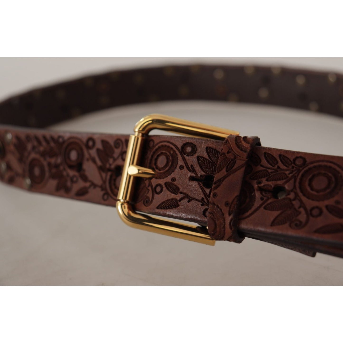 Dolce & Gabbana Brown Calf Leather Embossed Gold Metal Buckle Dolce & Gabbana