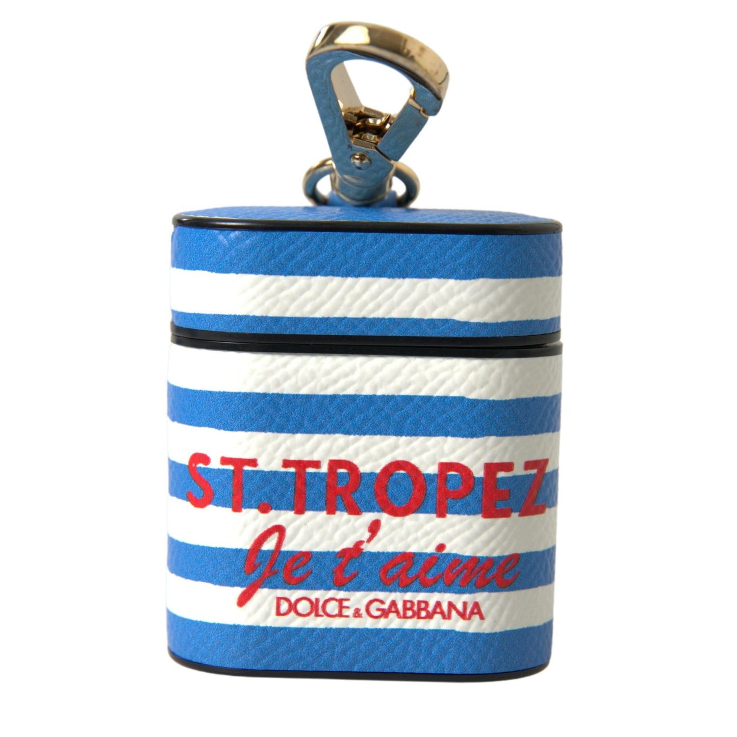 Dolce & Gabbana Blue Stripe Dauphine Leather Logo Print Airpod Case Dolce & Gabbana