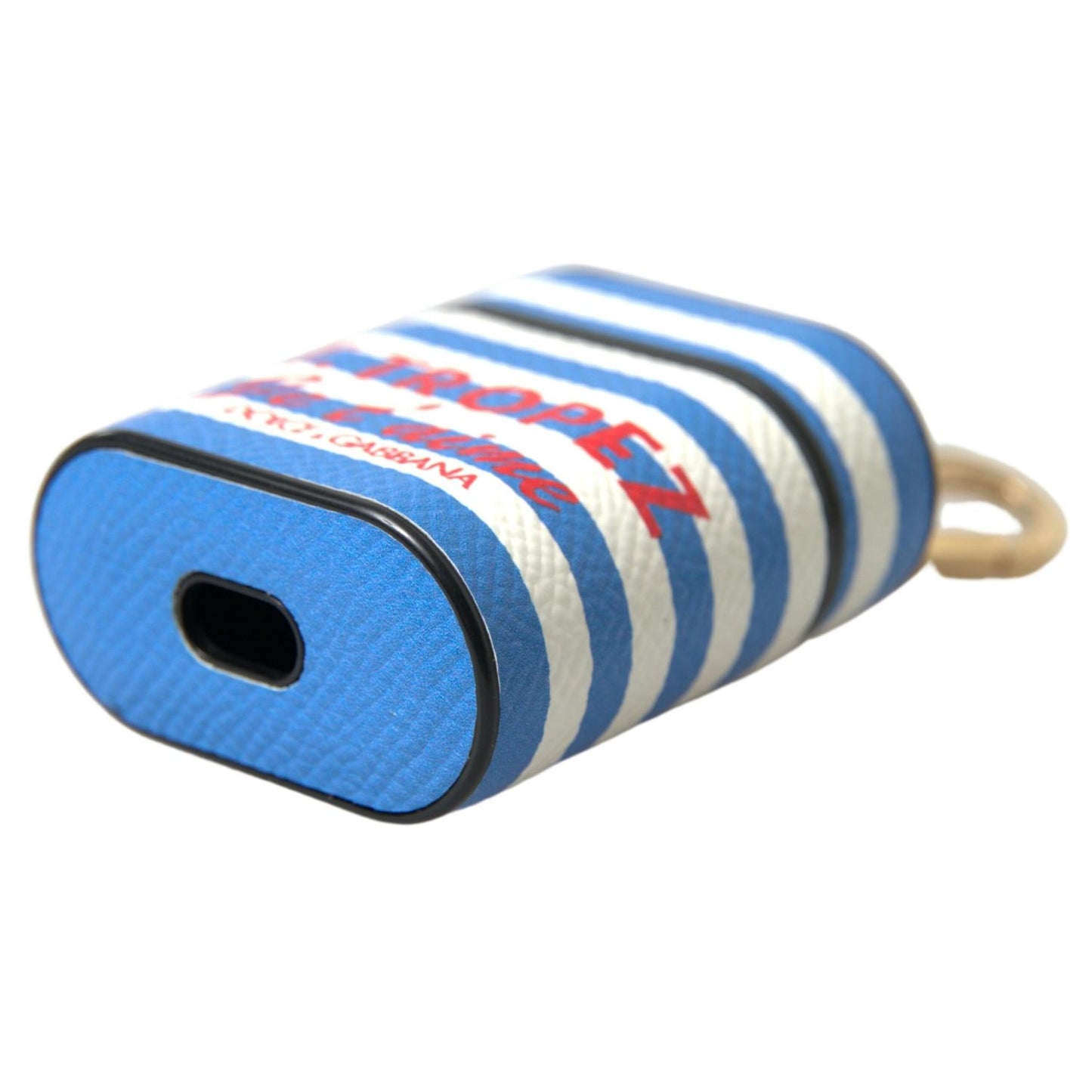Dolce & Gabbana Blue Stripe Dauphine Leather Logo Print Airpod Case Dolce & Gabbana