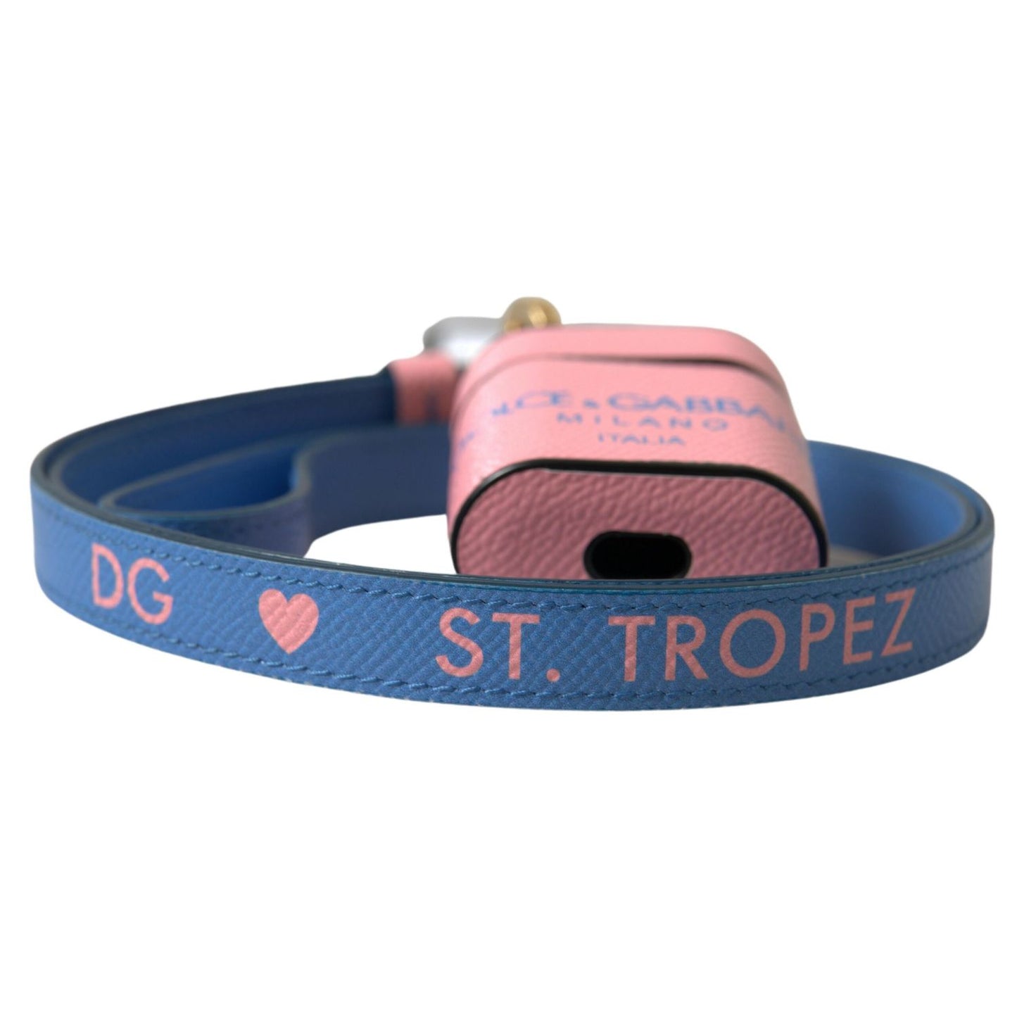 Dolce & Gabbana Pink Blue Calf Leather Logo Print Strap Airpods Case Dolce & Gabbana