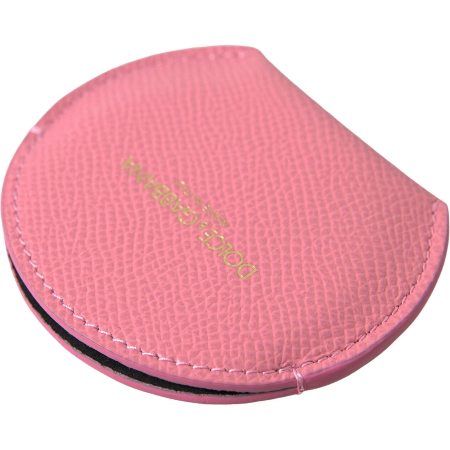 Dolce & Gabbana Pink Calfskin Leather Round Logo Print Hand Mirror Holder Dolce & Gabbana