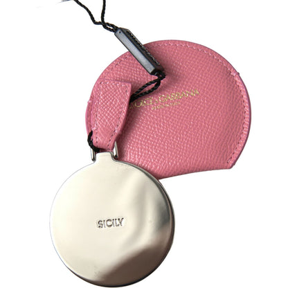 Dolce & Gabbana Pink Calfskin Leather Round Logo Print Hand Mirror Holder Dolce & Gabbana