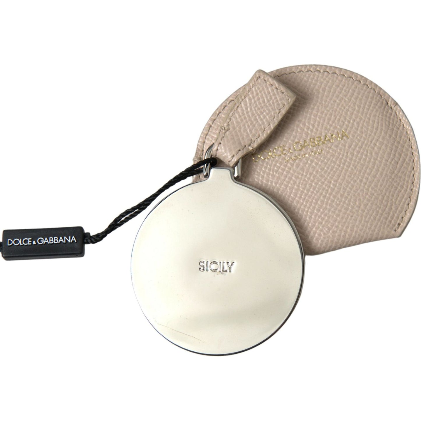 Dolce & Gabbana Beige Calfskin Leather Round Logo Hand Mirror Holder Dolce & Gabbana