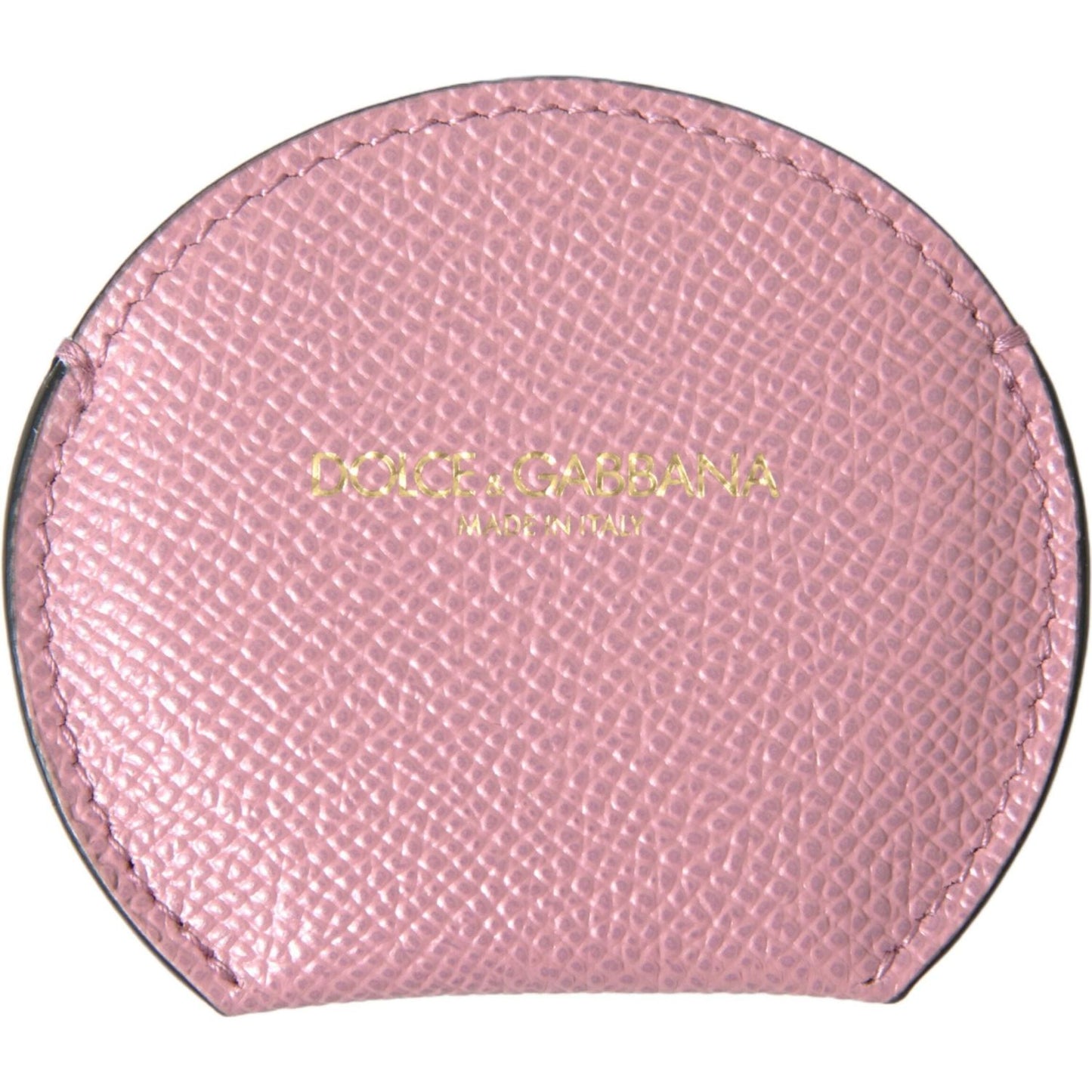 Dolce & Gabbana Pink Calfskin Leather Round Logo Print Hand Mirror Holder Dolce & Gabbana