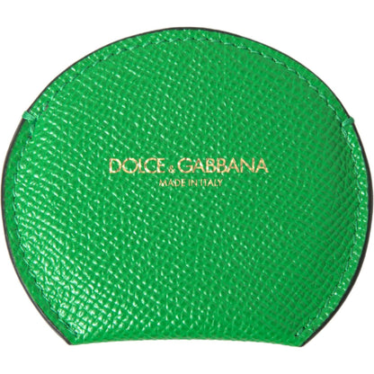 Dolce & Gabbana Green Calfskin Leather Round Logo Hand Mirror Holder Dolce & Gabbana