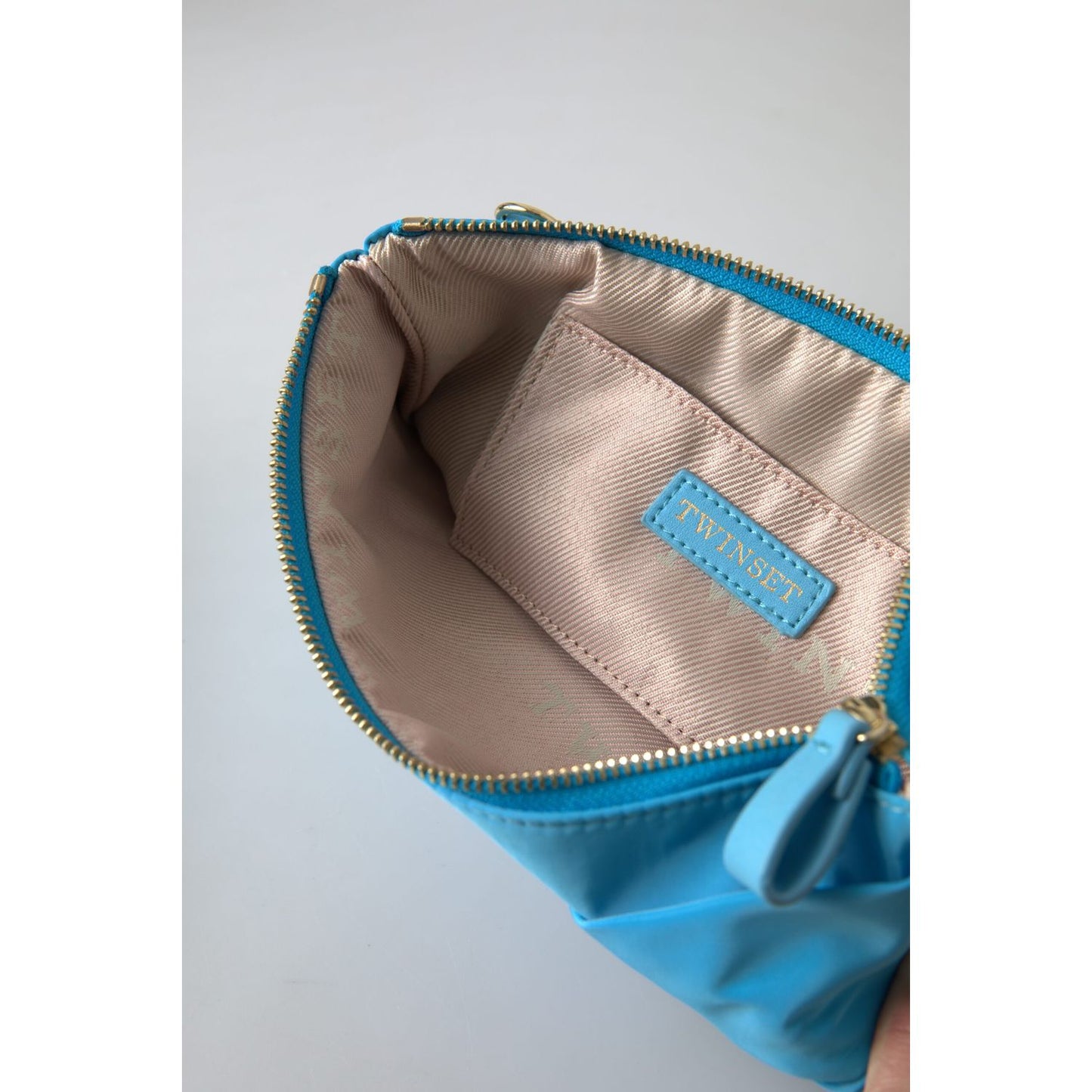 Twinset Blue Tafta Silk Large Bow Zipper Clutch Women Borse Logo Bag Twinset