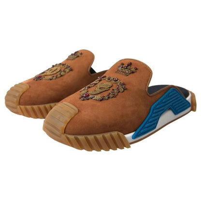 Dolce & Gabbana Brown Suede Crown Logo NS1 Slides Sandals Dolce & Gabbana