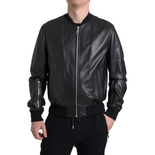 Dolce & Gabbana Black Leather Full Zip Bomber Men Jacket Dolce & Gabbana