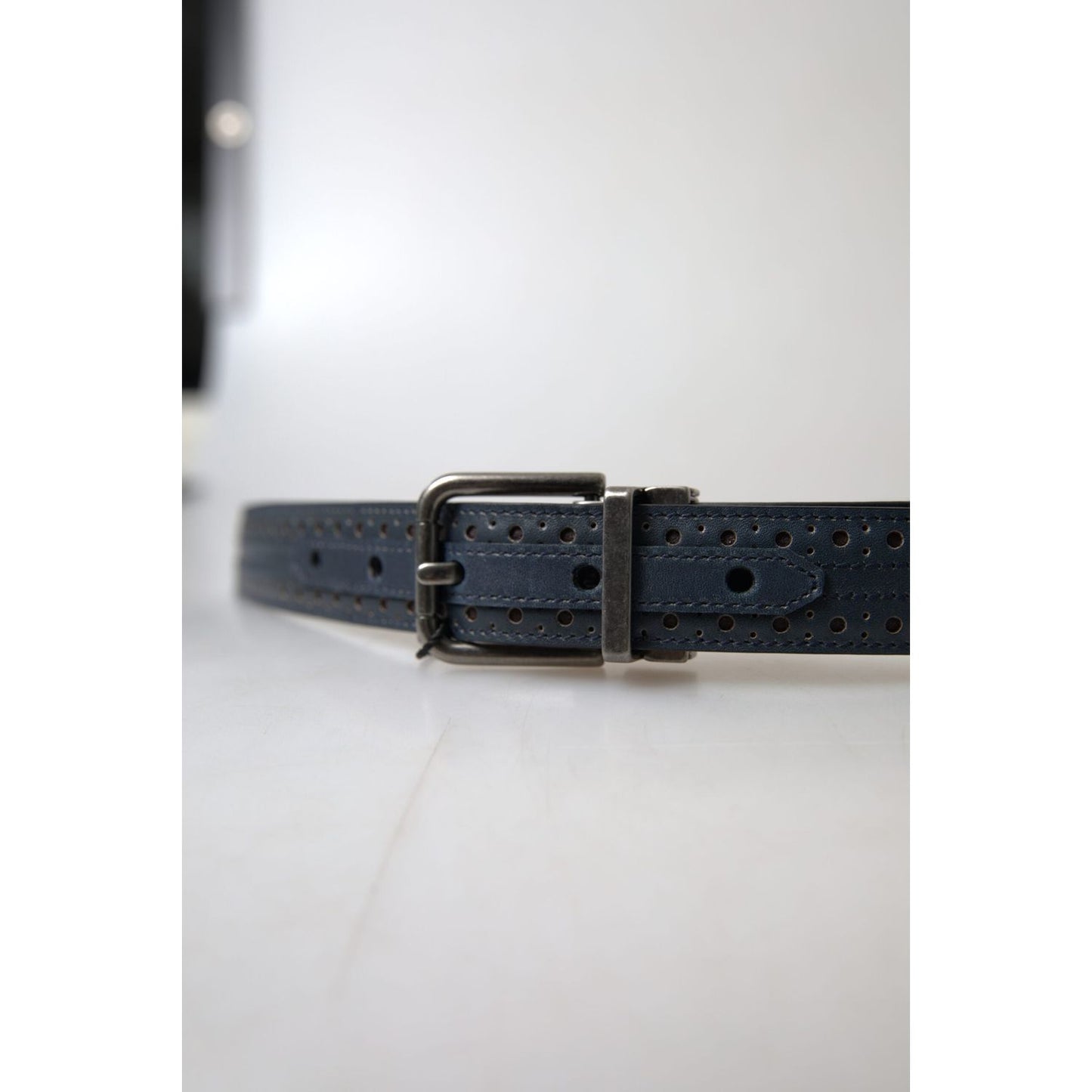 Dolce & Gabbana Blue Leather Perforated Metal Buckle Belt Dolce & Gabbana