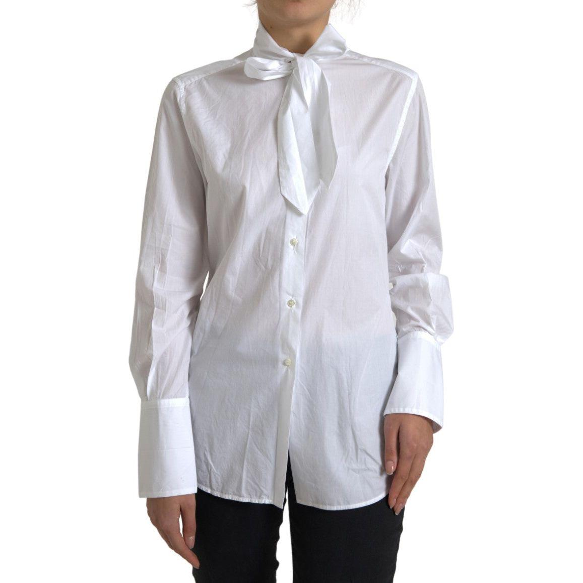 Dolce & Gabbana White Cotton Ascot Collar Long Sleeves Top Dolce & Gabbana