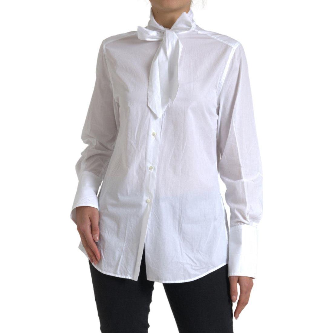 Dolce & Gabbana White Cotton Ascot Collar Long Sleeves Top Dolce & Gabbana