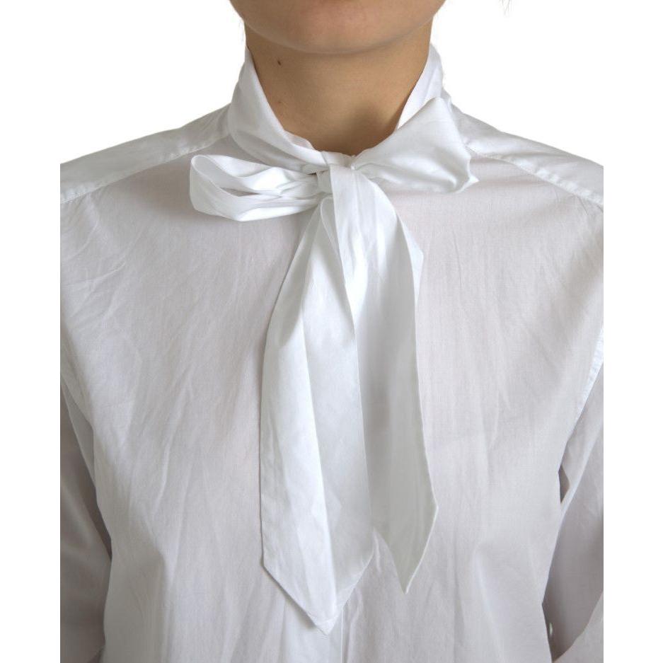 Dolce & Gabbana White Cotton Ascot Collar Long Sleeves Top Dolce & Gabbana